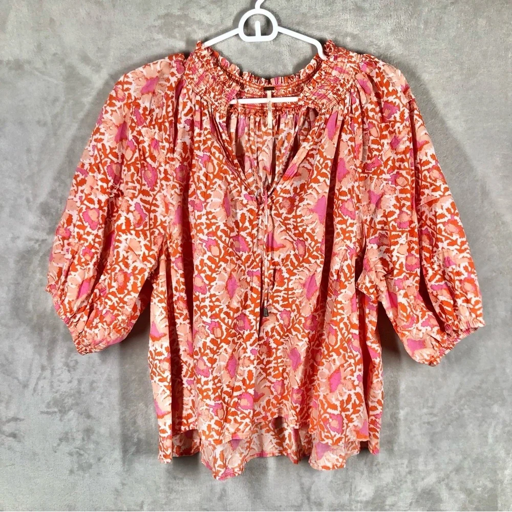 Free People Willow Printed Top Size L Orange Pink Floral Boho Peasant Flowy
